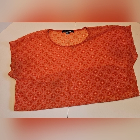 Forever 21 Size Medium Orange & white sheer Blouse Geometric design summer top - Picture 10 of 13